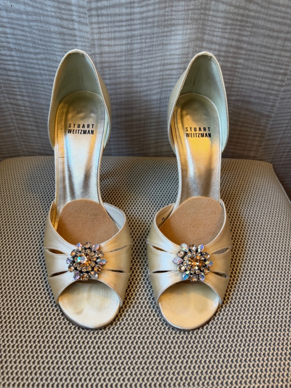 Stuart Weitzman Gold Jeweled Peep-Toe Heels